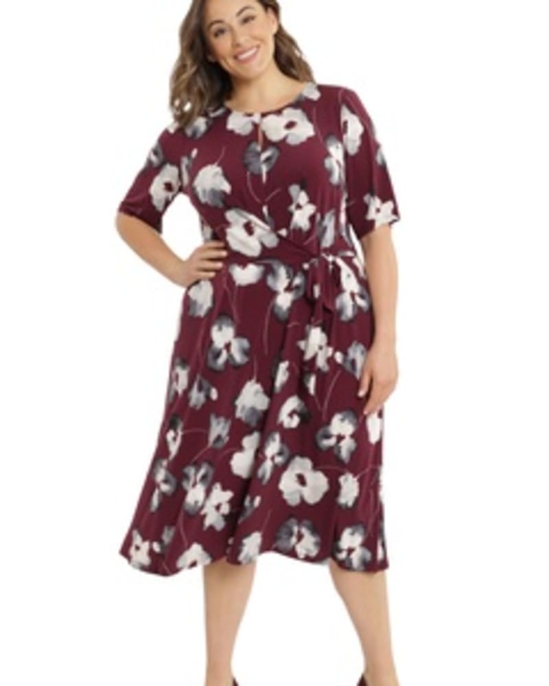 Front of a model wearing a size 14W Side-Tie Floral Print dress in Burgundy Grey by London Times. | dia_product_style_image_id:254936